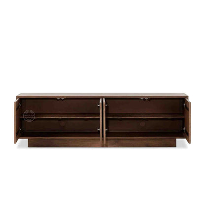 handmade helios solid wood TV unit with natural mango wood finish and 4 doors.