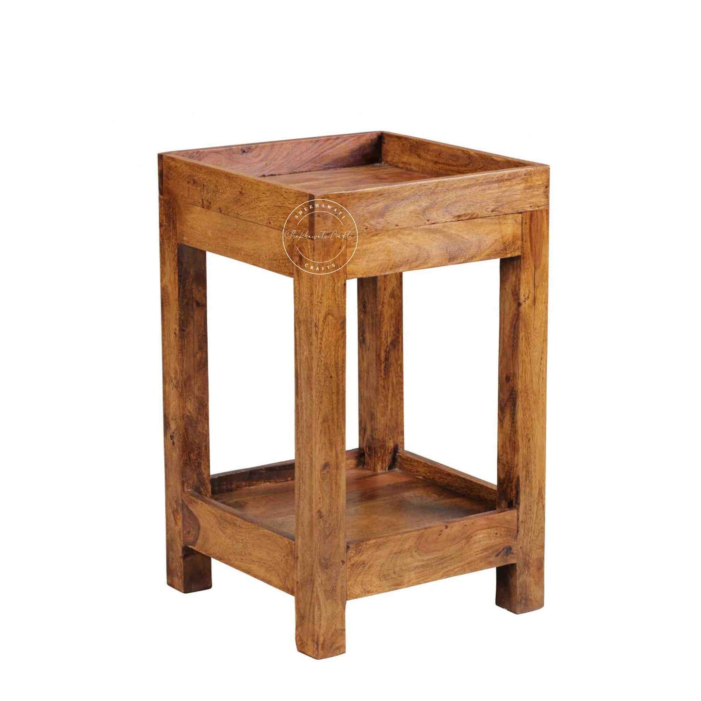 handcrafted Homi wooden End Table with 2 drawers and natural finish.