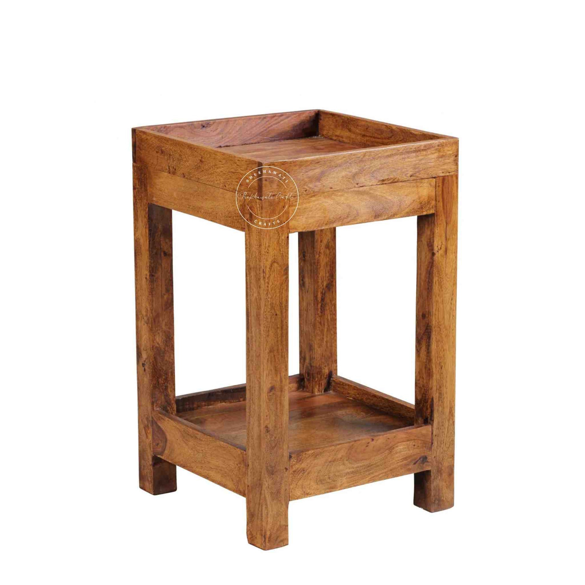 handcrafted Homi wooden End Table with 2 drawers and natural finish.