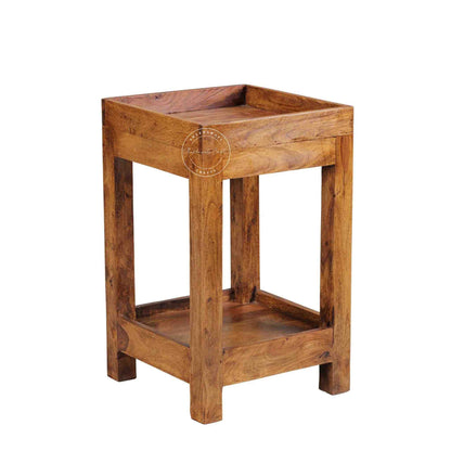 handcrafted Homi wooden End Table with 2 drawers and natural finish.