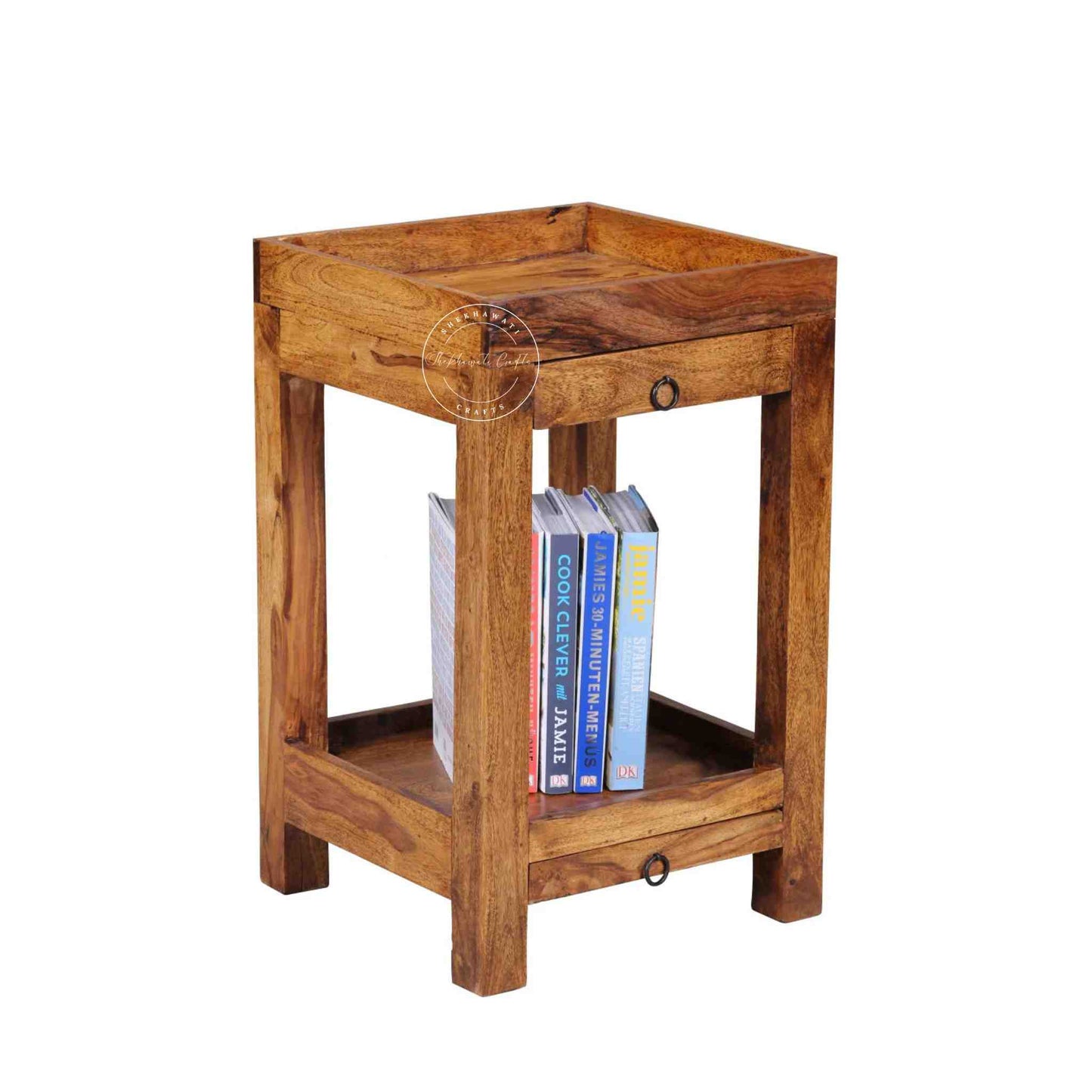 handcrafted Homi wooden End Table with 2 drawers and natural finish.