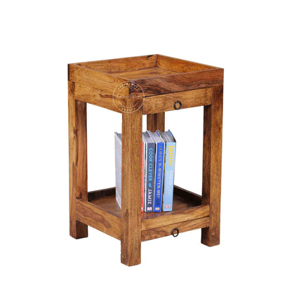 handcrafted Homi wooden End Table with 2 drawers and natural finish.