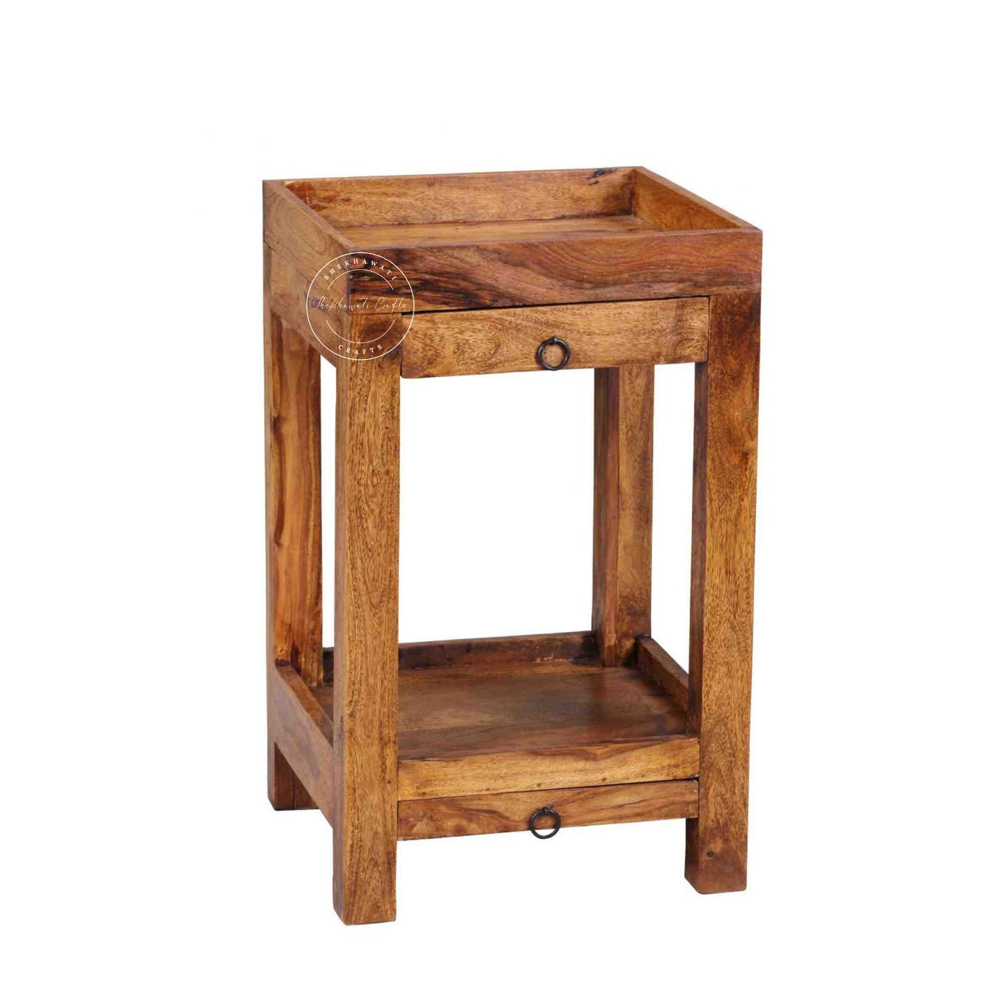 handcrafted Homi wooden End Table with 2 drawers and natural finish.