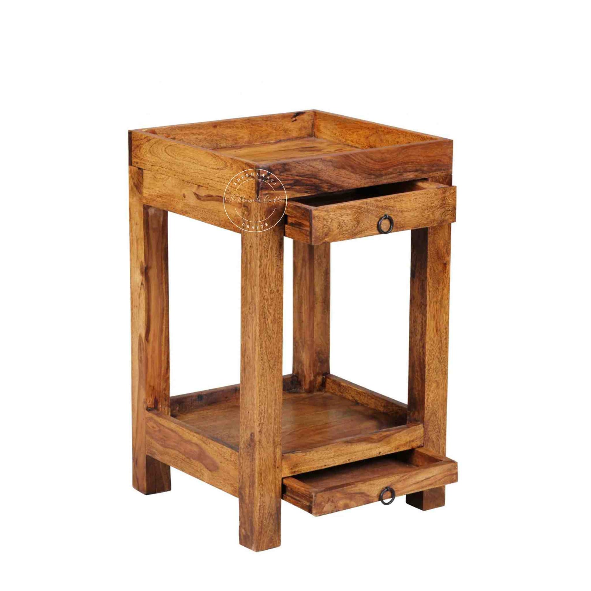 handcrafted Homi wooden End Table with 2 drawers and natural finish.