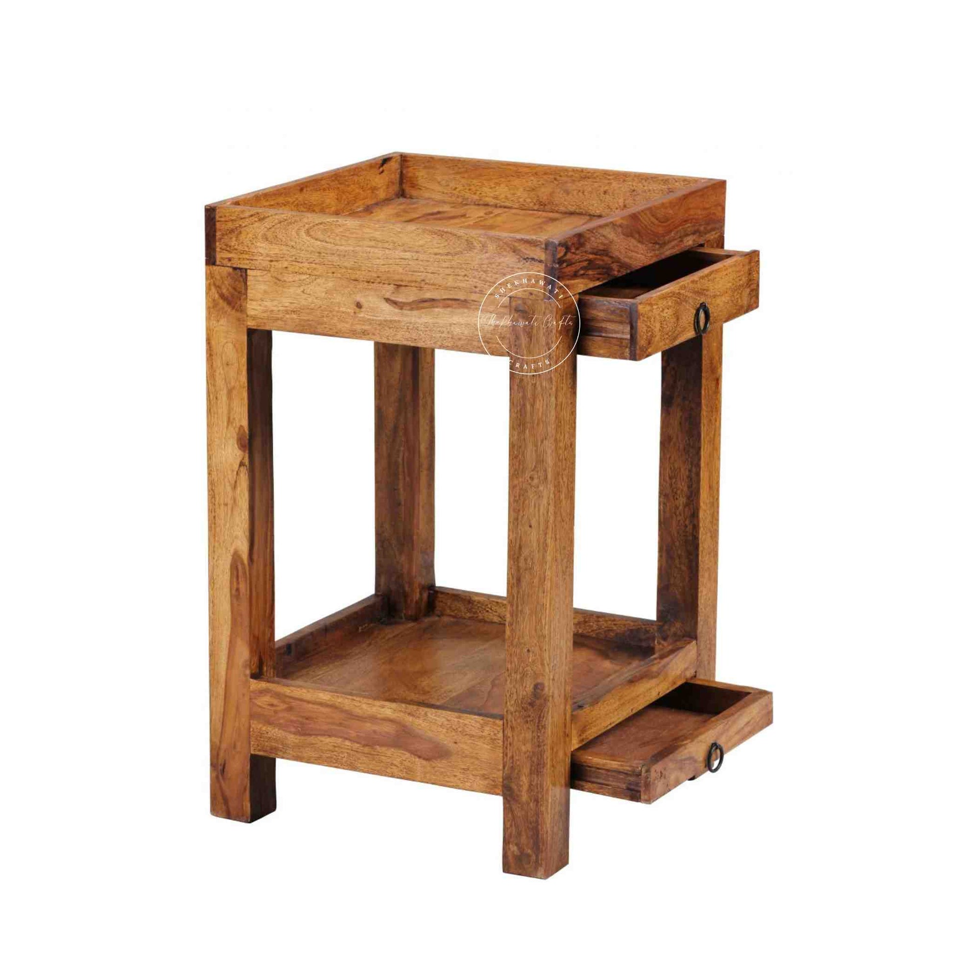 handcrafted Homi wooden End Table with 2 drawers and natural finish.