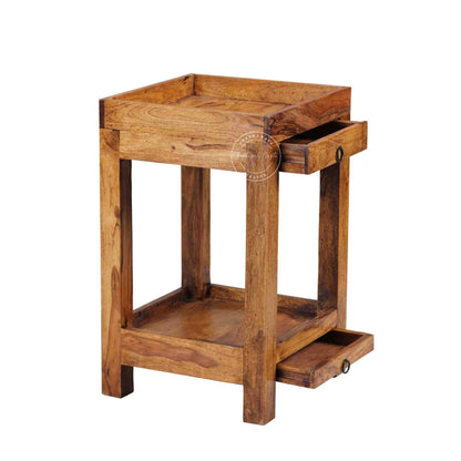 handcrafted Homi wooden End Table with 2 drawers and natural finish.