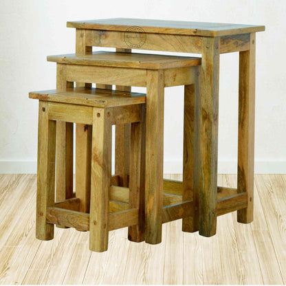 Josiah Stool Set handcrafted from mango wood, vintage design, natural finish, wooden stool set of 3