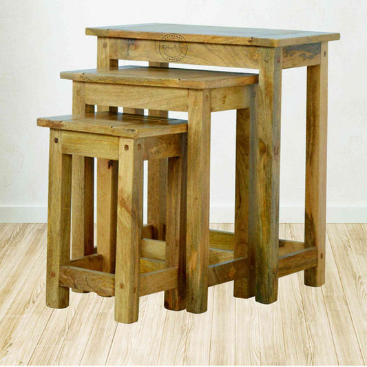 Josiah Stool Set handcrafted from mango wood, vintage design, natural finish, wooden stool set of 3