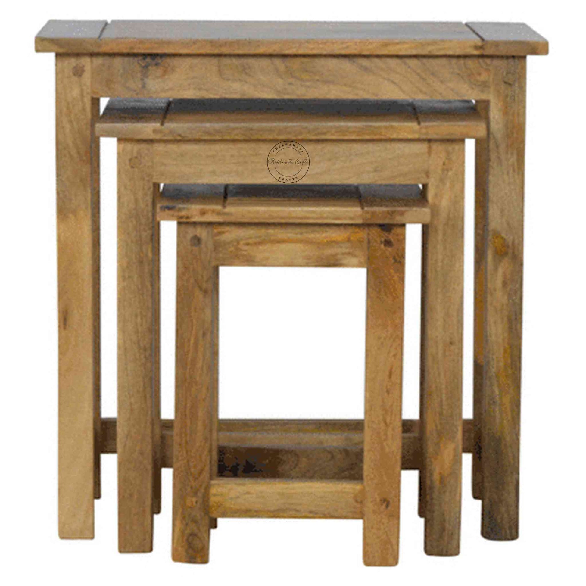 Josiah Stool Set handcrafted from mango wood, vintage design, natural finish, wooden stool set of 3