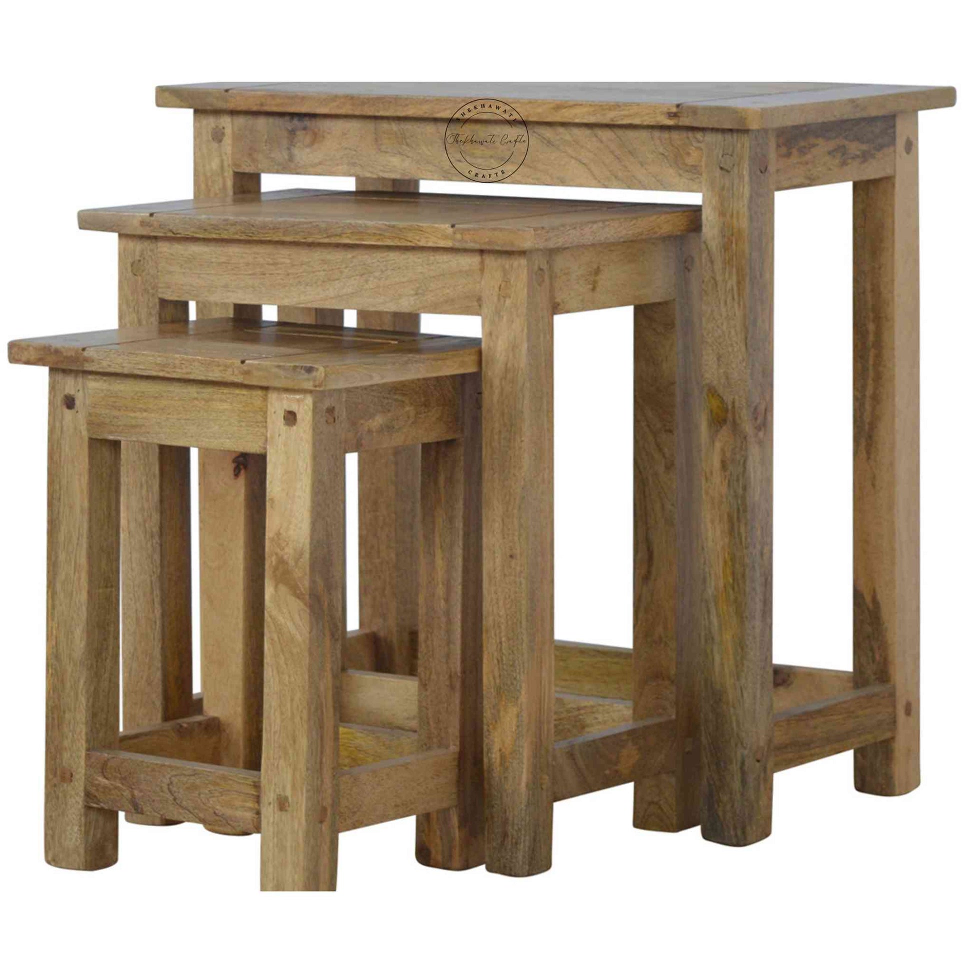 Josiah Stool Set handcrafted from mango wood, vintage design, natural finish, wooden stool set of 3