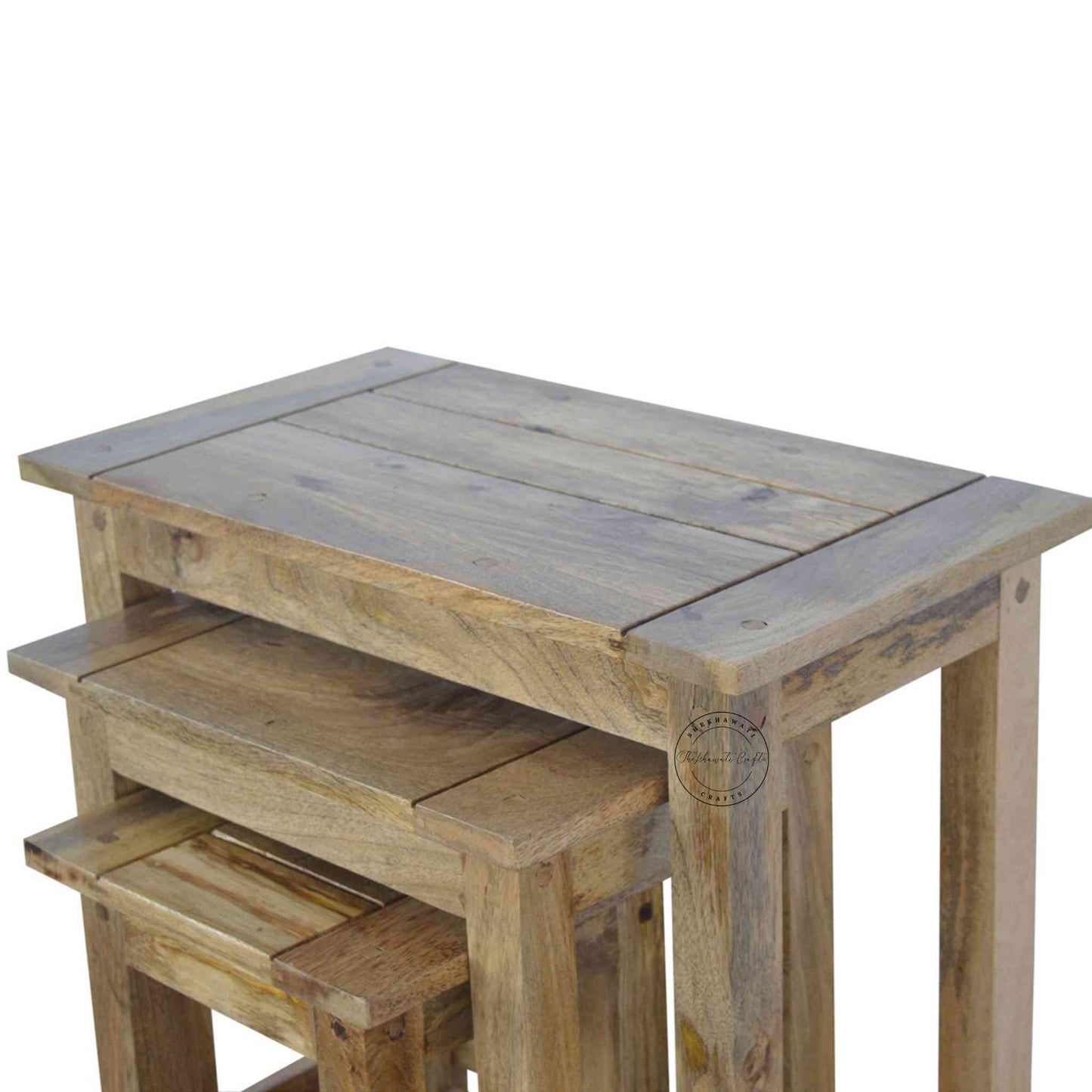 Josiah Stool Set handcrafted from mango wood, vintage design, natural finish, wooden stool set of 3