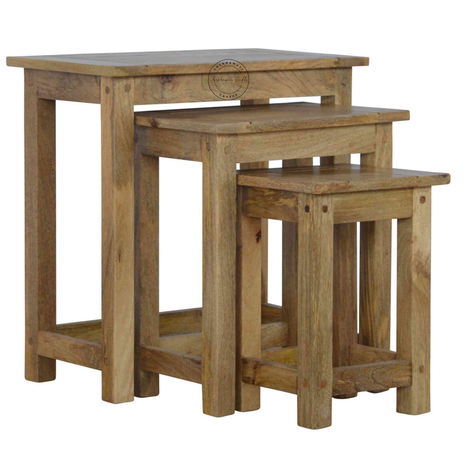 Josiah Stool Set handcrafted from mango wood, vintage design, natural finish, wooden stool set of 3