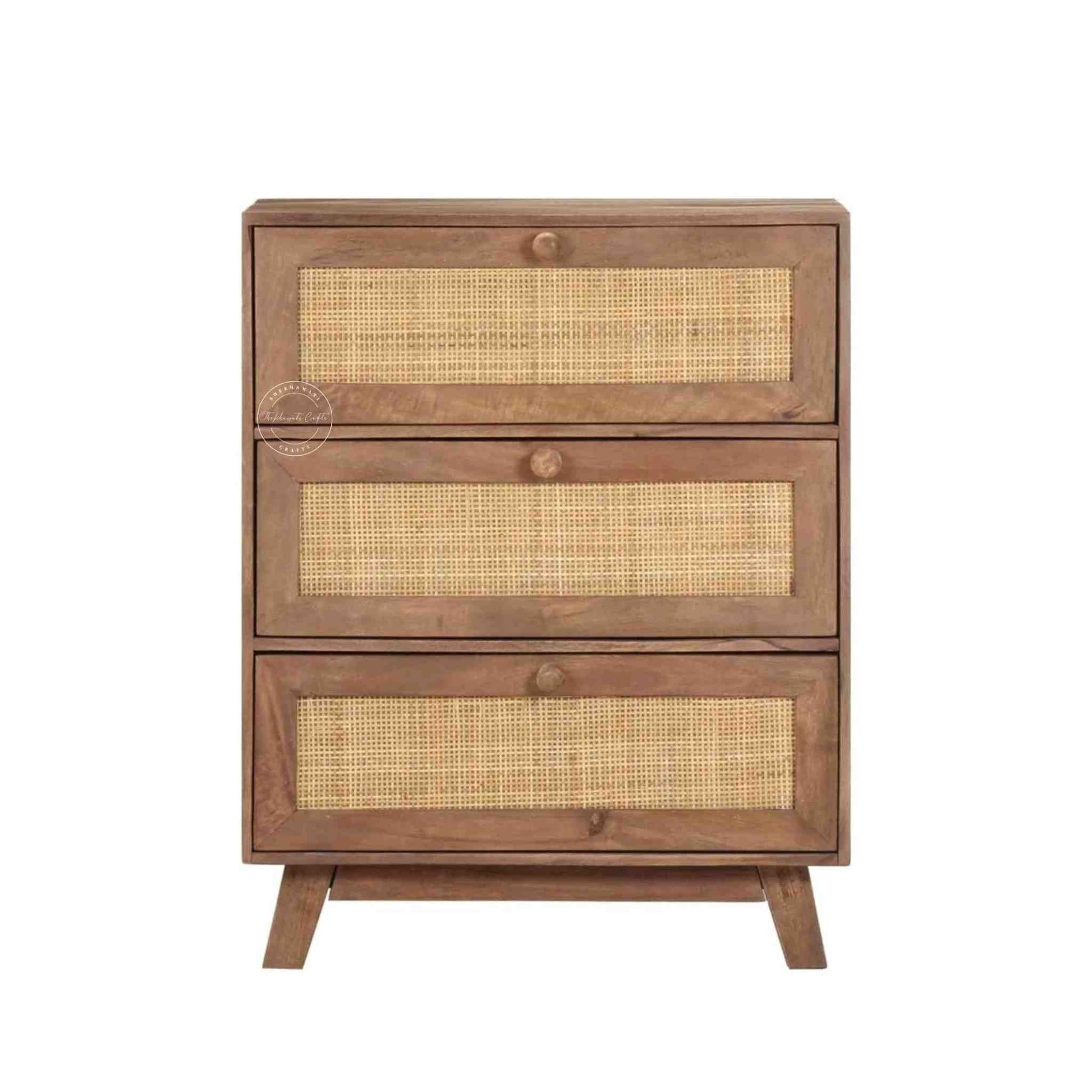 kai mini rattan chest of drawer is handcrafted with solid acacia wood with rattan cane design and natural wood finish.