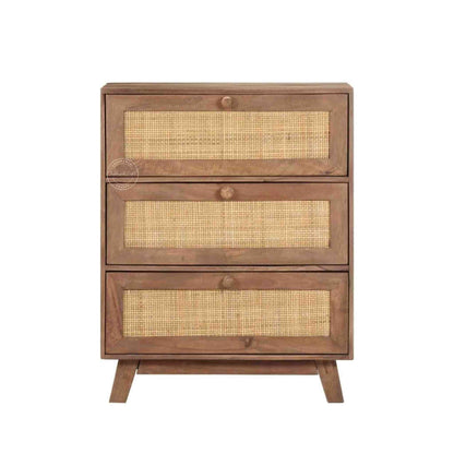 kai mini rattan chest of drawer is handcrafted with solid acacia wood with rattan cane design and natural wood finish.
