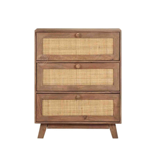 kai mini rattan chest of drawer is handcrafted with solid acacia wood with rattan cane design and natural wood finish.