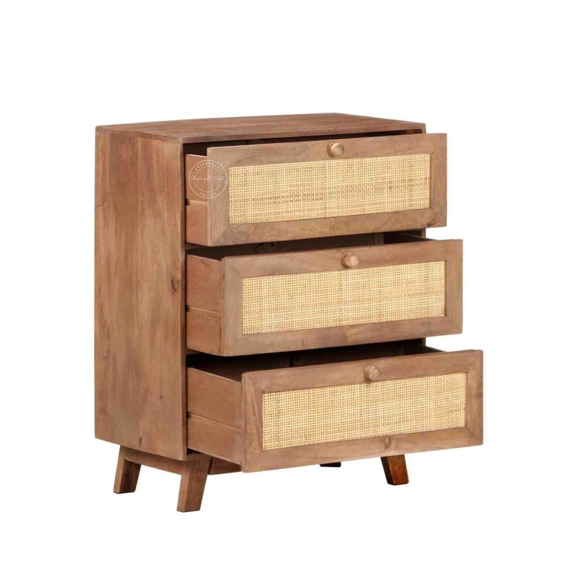 kai mini rattan chest of drawer is handcrafted with solid acacia wood with rattan cane design and natural wood finish.