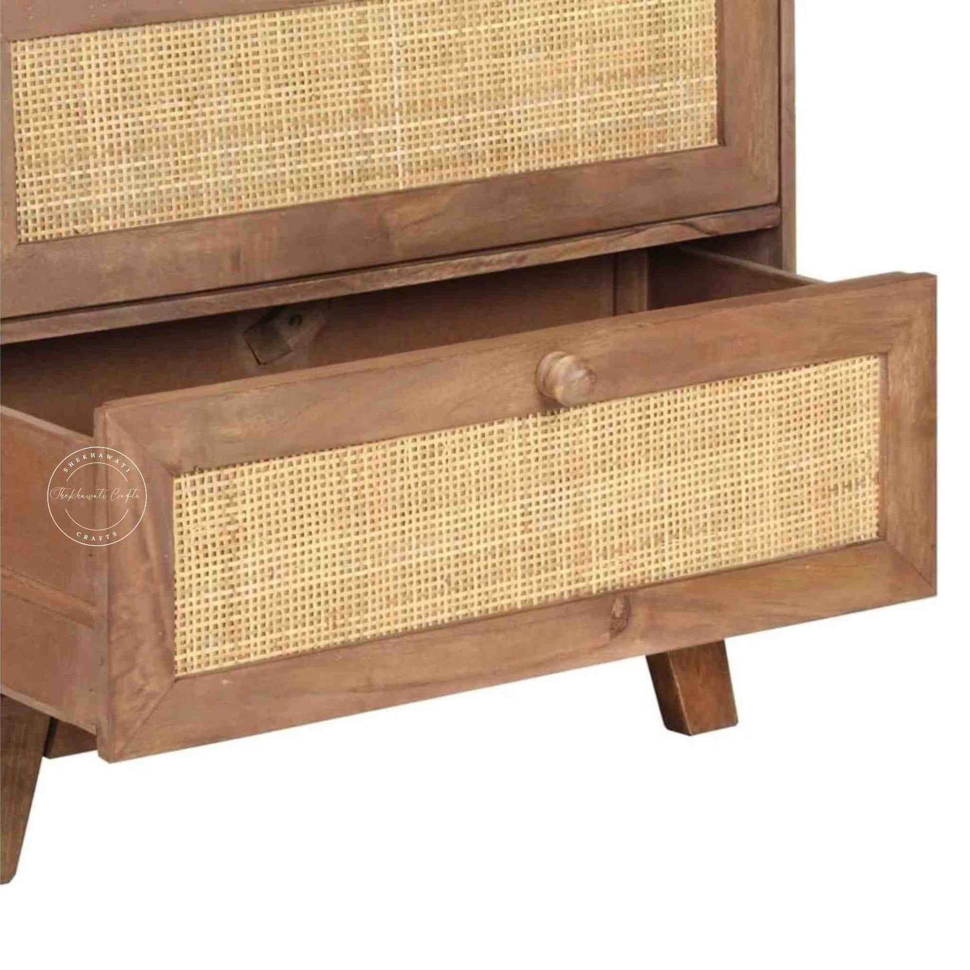 kai mini rattan chest of drawer is handcrafted with solid acacia wood with rattan cane design and natural wood finish.