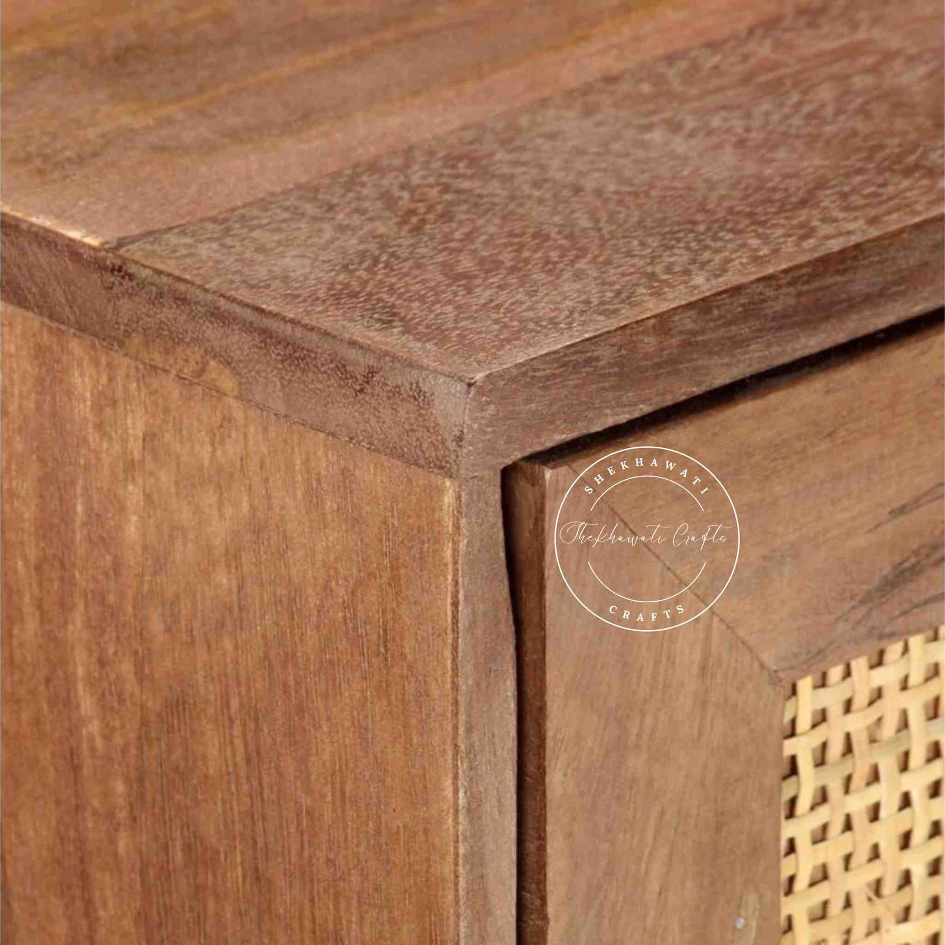 kai mini rattan chest of drawer is handcrafted with solid acacia wood with rattan cane design and natural wood finish.