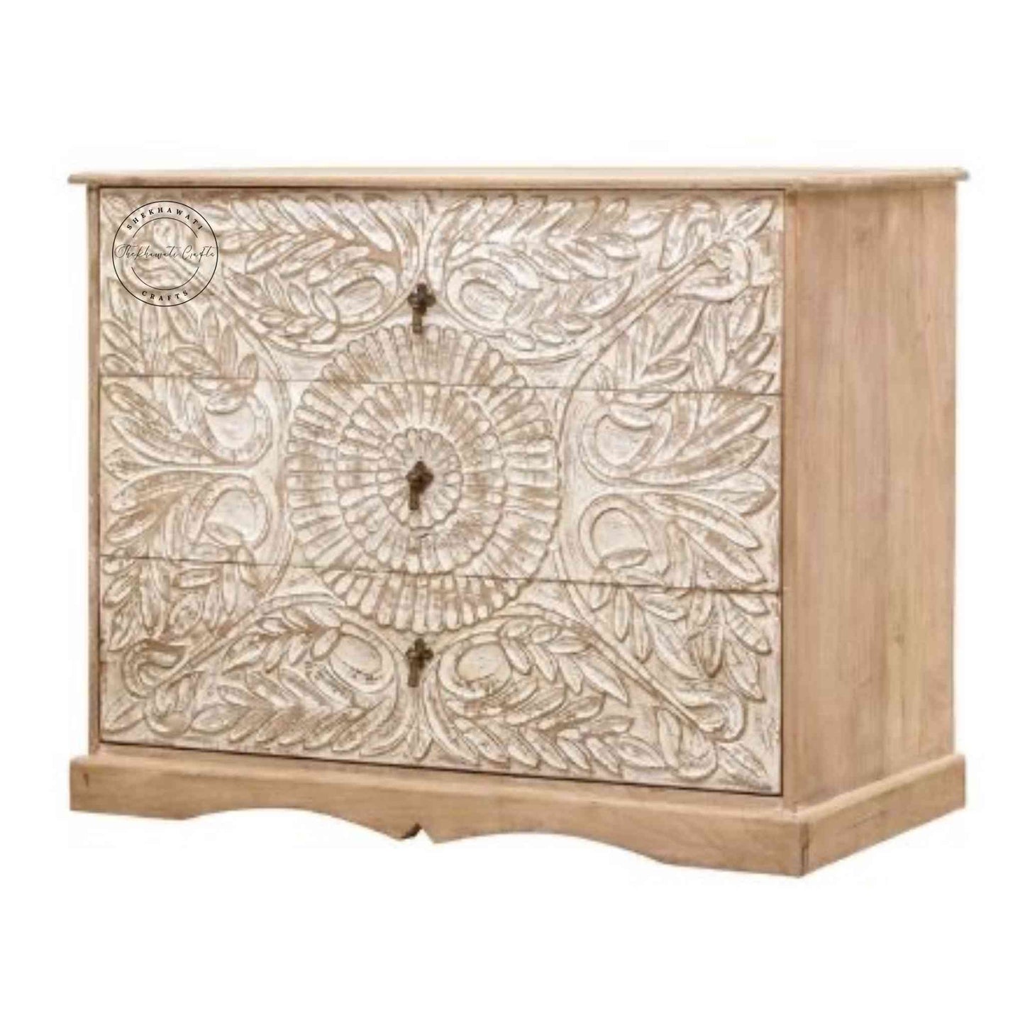 Karya Wooden Chest of Drawers, handcrafted from mango wood, a vintage design with a rustic white finish and 3 spacious drawers.