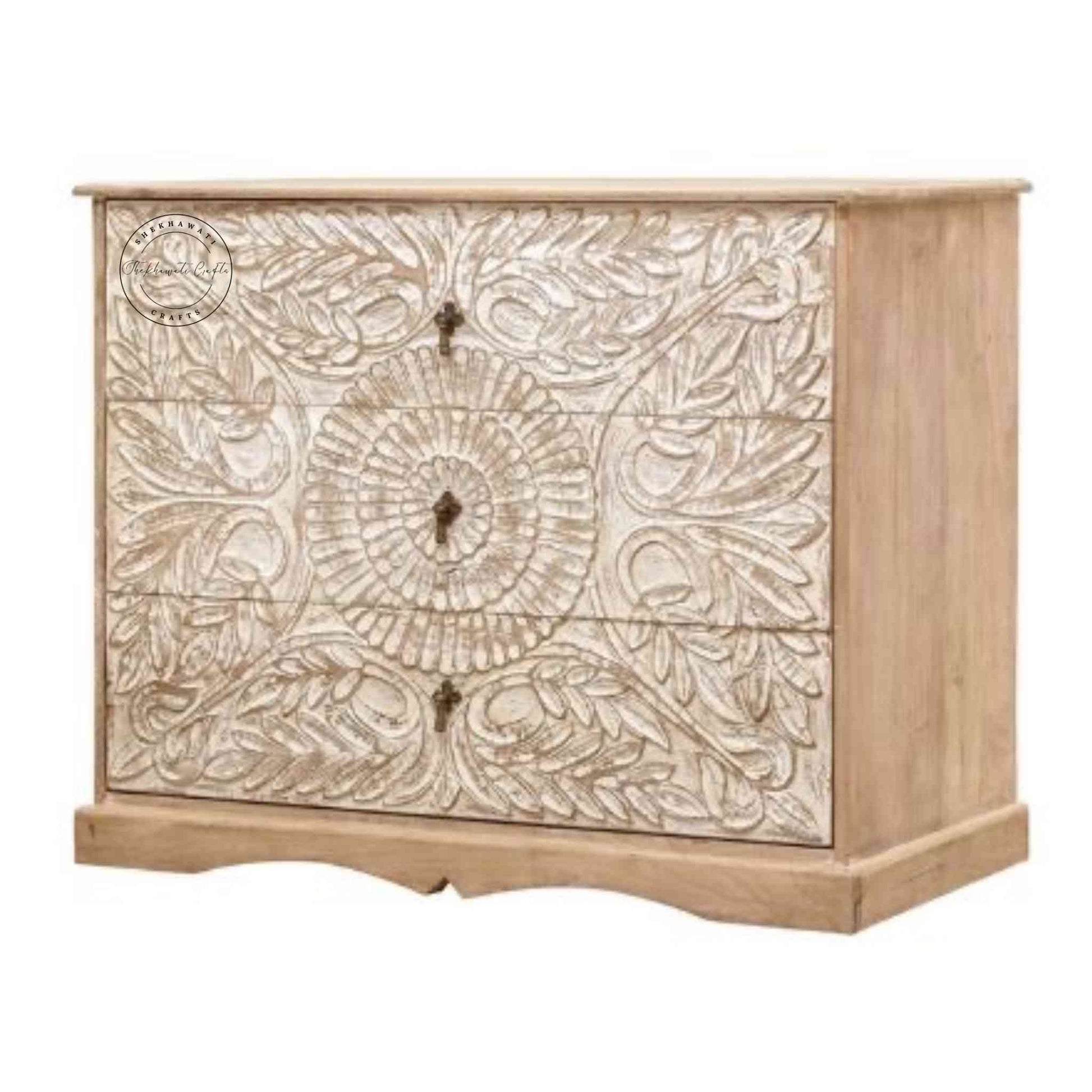 Karya Wooden Chest of Drawers, handcrafted from mango wood, a vintage design with a rustic white finish and 3 spacious drawers.