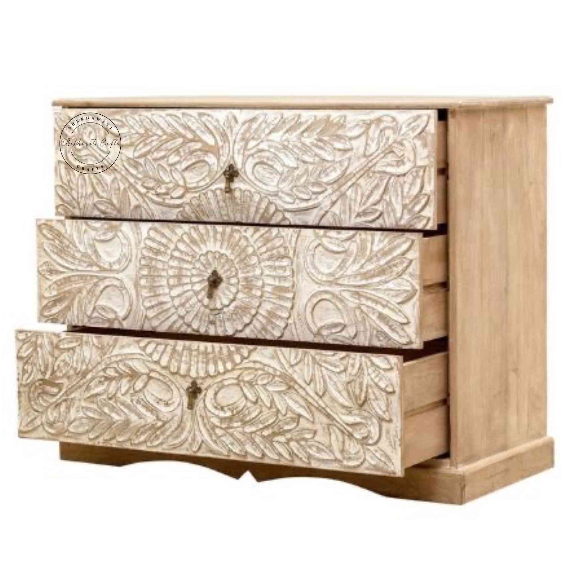 Karya Wooden Chest of Drawers, handcrafted from mango wood, a vintage design with a rustic white finish and 3 spacious drawers.