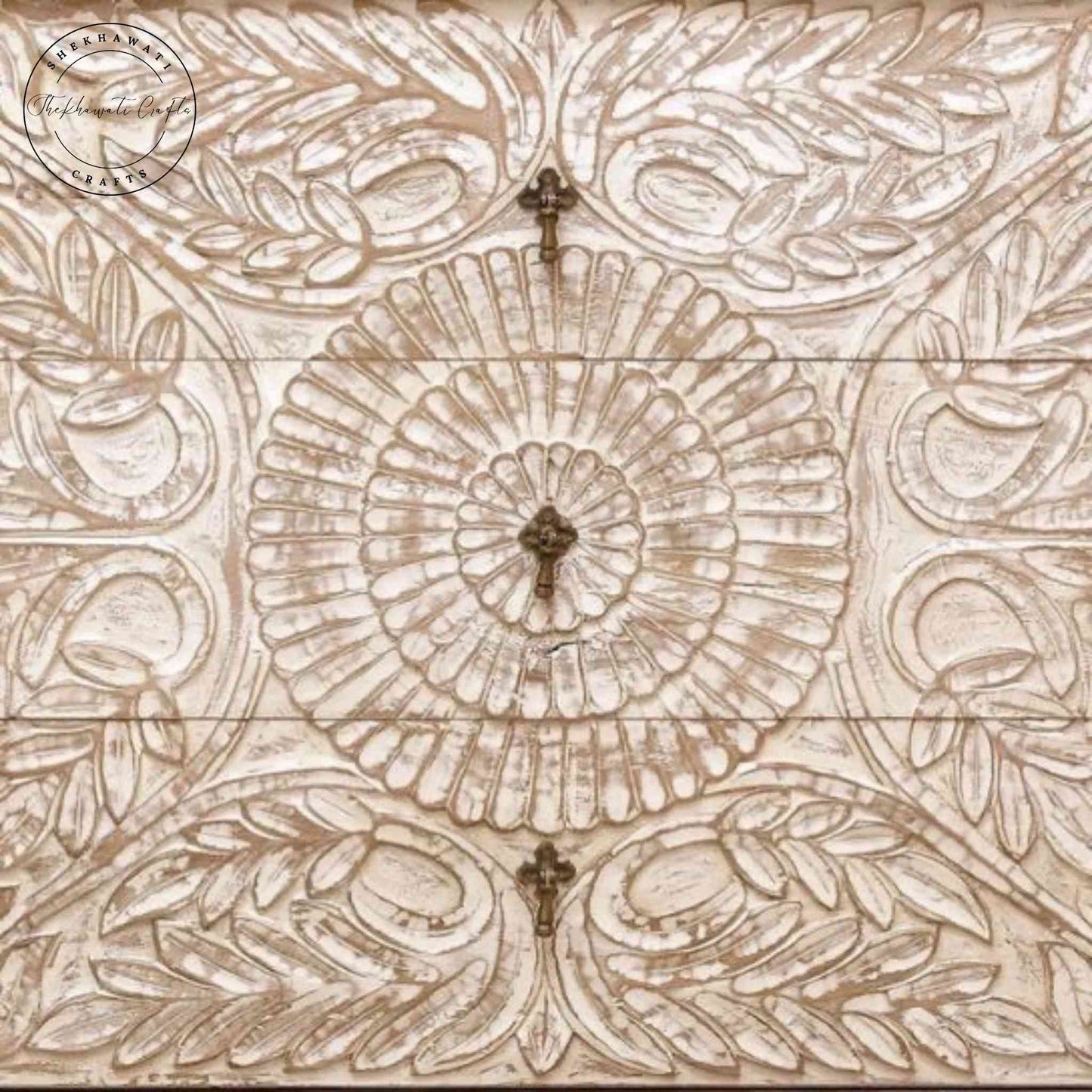 Karya Wooden Chest of Drawers, handcrafted from mango wood, a vintage design with a rustic white finish and 3 spacious drawers.