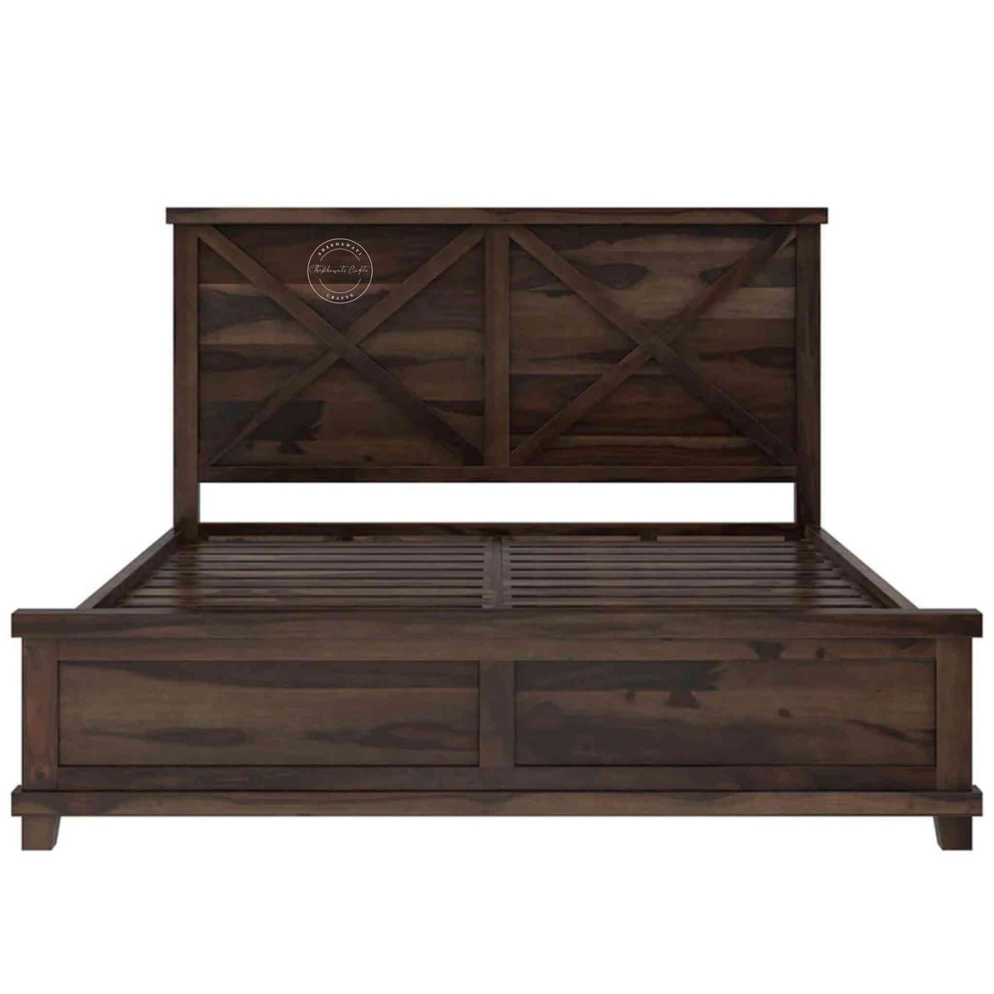 Keira King Size Bed, walnut finish, solid sheesham wood bed, vintage wooden bed, king size bed with iron support, customizable bedroom furniture.