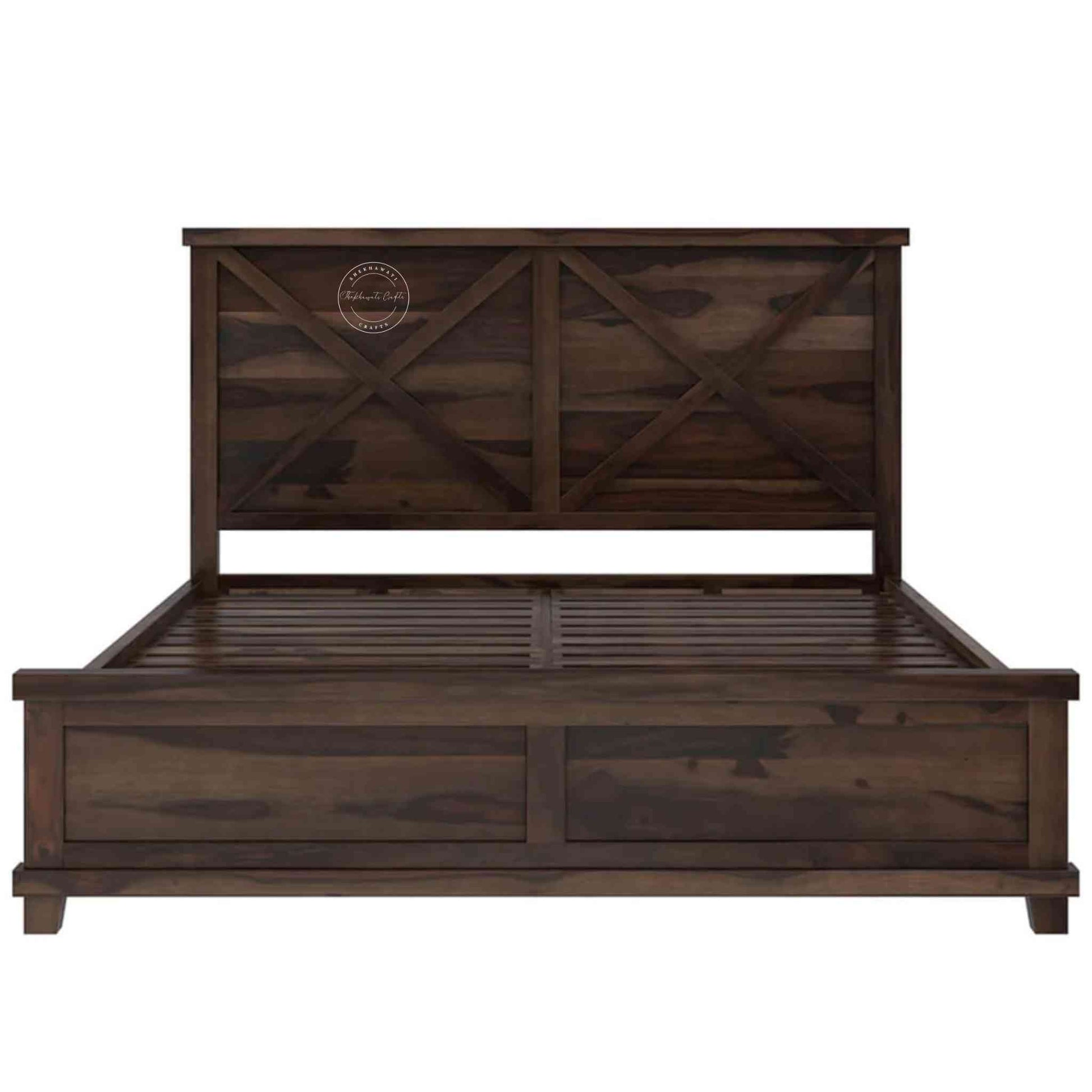 Keira King Size Bed, walnut finish, solid sheesham wood bed, vintage wooden bed, king size bed with iron support, customizable bedroom furniture.