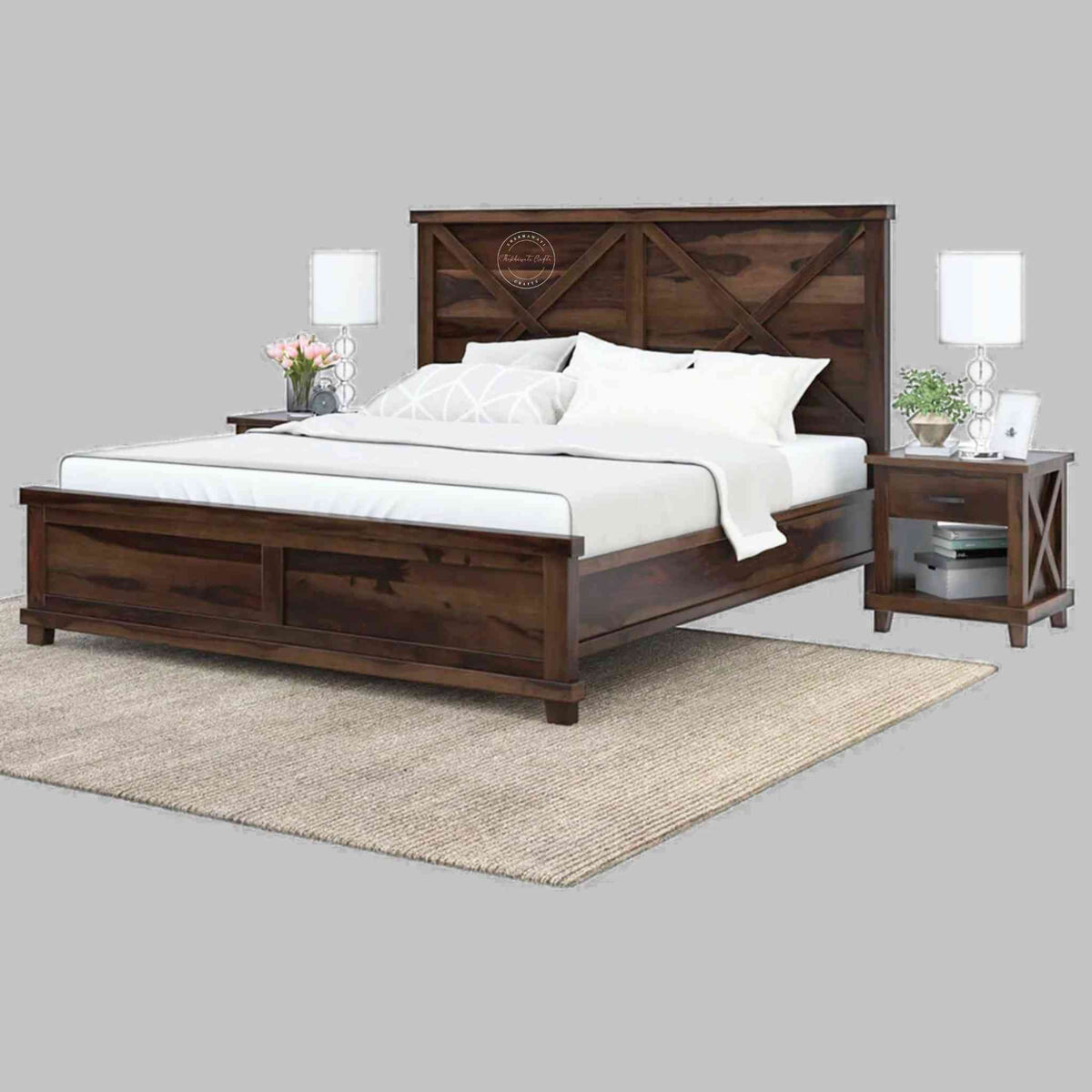 A king-size wooden bed with a dark walnut finish, featuring a headboard and footboard, with bedding and pillows on it.