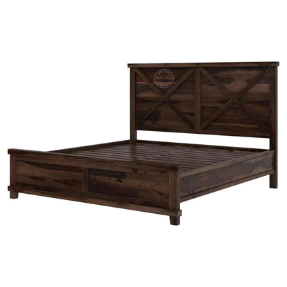 side view of a king-size wooden bed with a dark walnut finish, featuring a headboard and footboard.