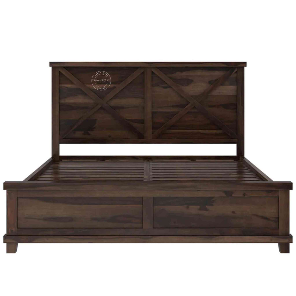 A king-size wooden bed with a dark walnut finish, featuring a headboard and footboard.