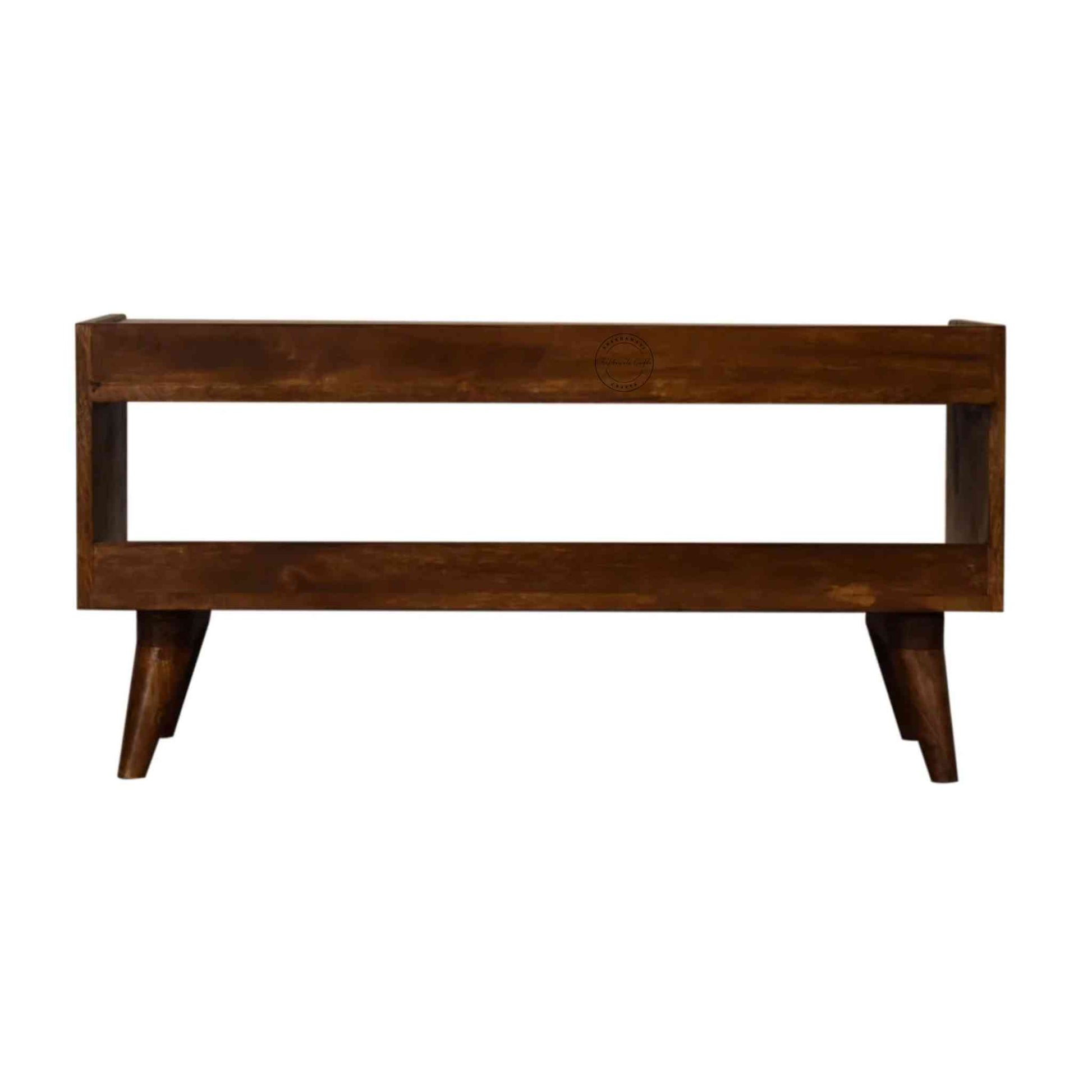 Lammi Bench is handcrafted with sheesham wood, cushion, honey finish, detachable legs and a storage shelf.