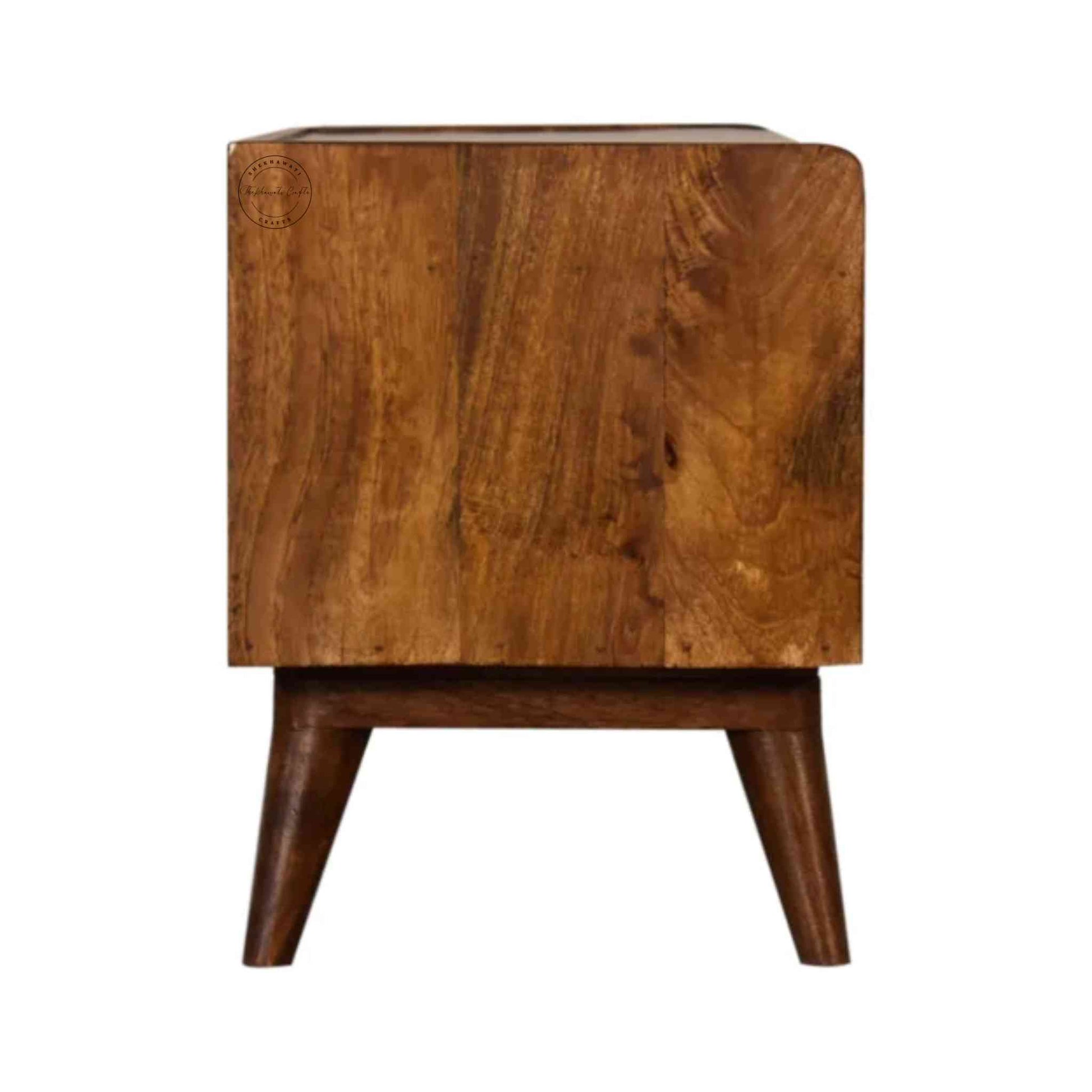 Lammi Bench is handcrafted with sheesham wood, cushion, honey finish, detachable legs and a storage shelf.