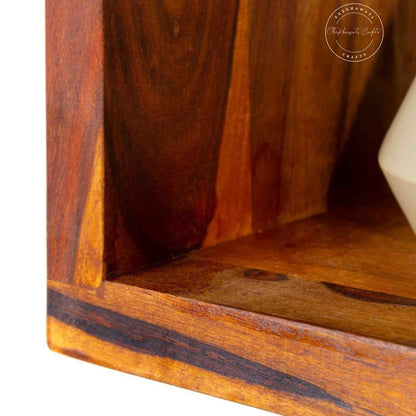 Close-up look of the wooden wall shelf rack set 
