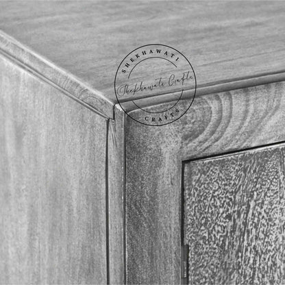 Lavender Vintage TV Cabinet made from solid mango wood, showcasing hand-carved details and durable iron legs for stability.