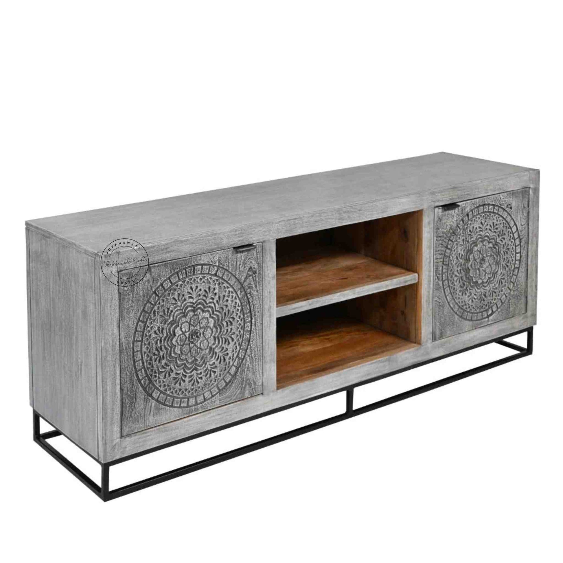 Lavender Vintage TV Cabinet made from solid mango wood, showcasing hand-carved details and durable iron legs for stability.