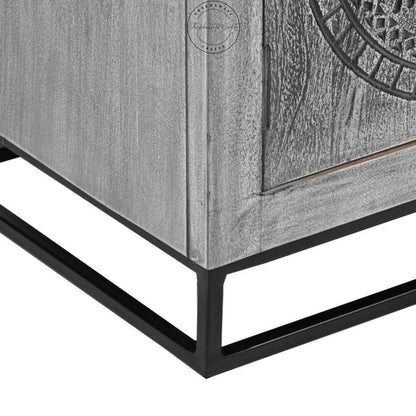 Lavender Vintage TV Cabinet made from solid mango wood, showcasing hand-carved details and durable iron legs for stability.