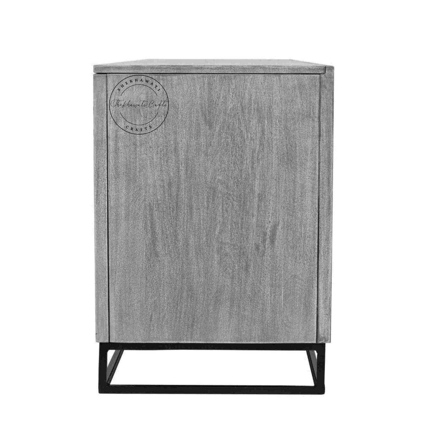 Lavender Vintage TV Cabinet made from solid mango wood, showcasing hand-carved details and durable iron legs for stability.