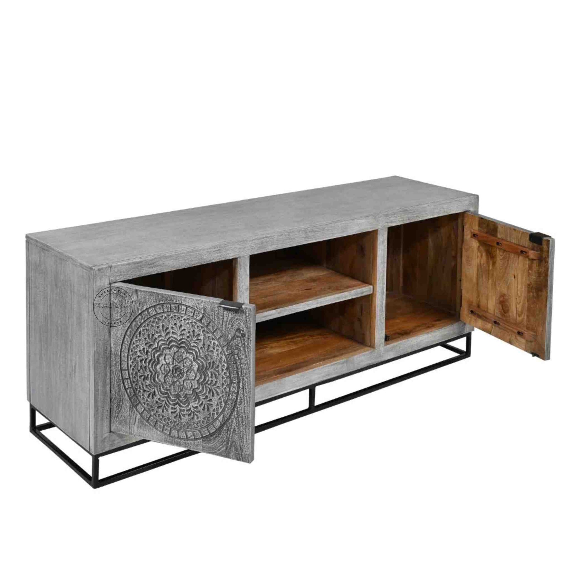 Lavender Vintage TV Cabinet made from solid mango wood, showcasing hand-carved details and durable iron legs for stability.