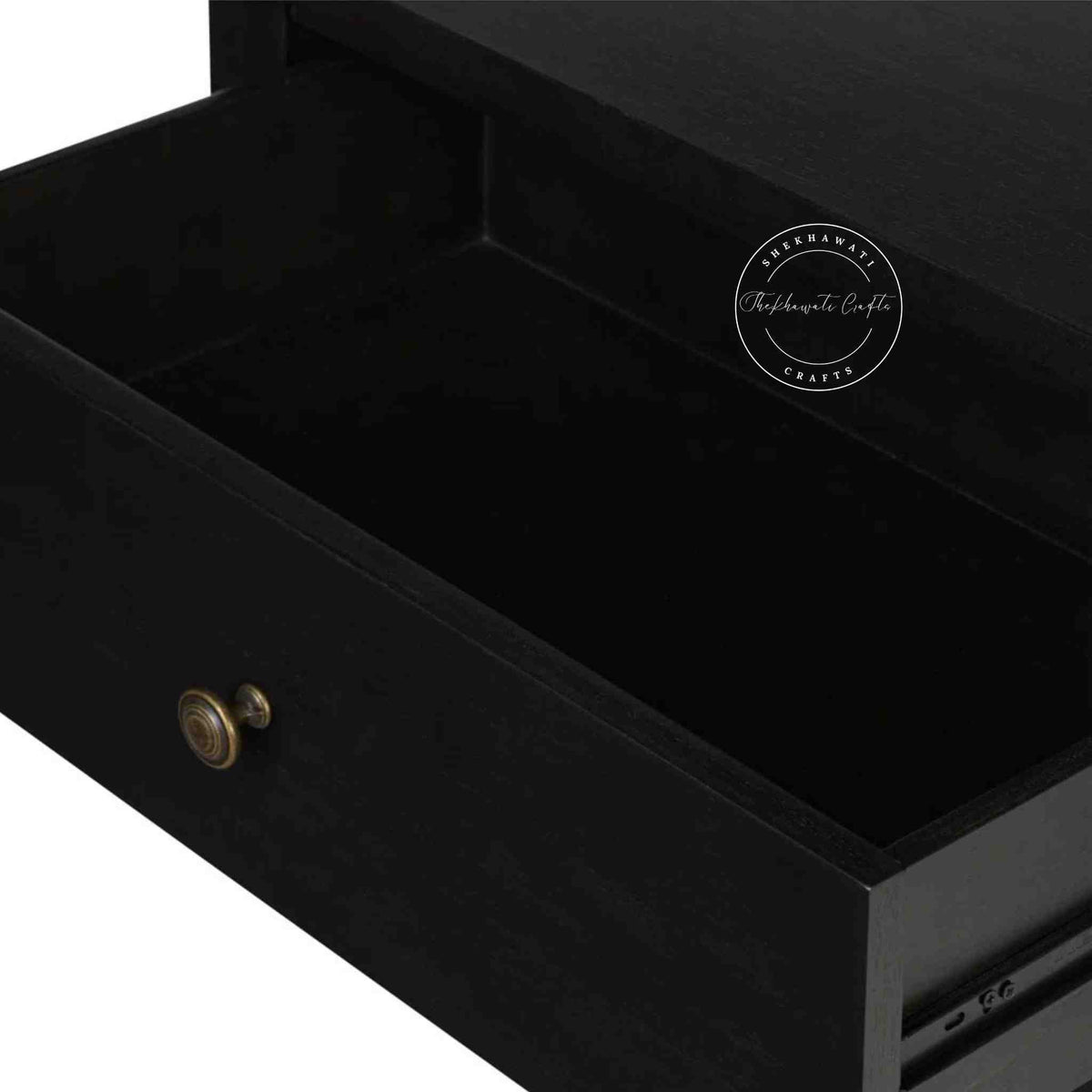 handmade Lego Mango Wood Nightstand Table with 1 drawer and matte black finish.