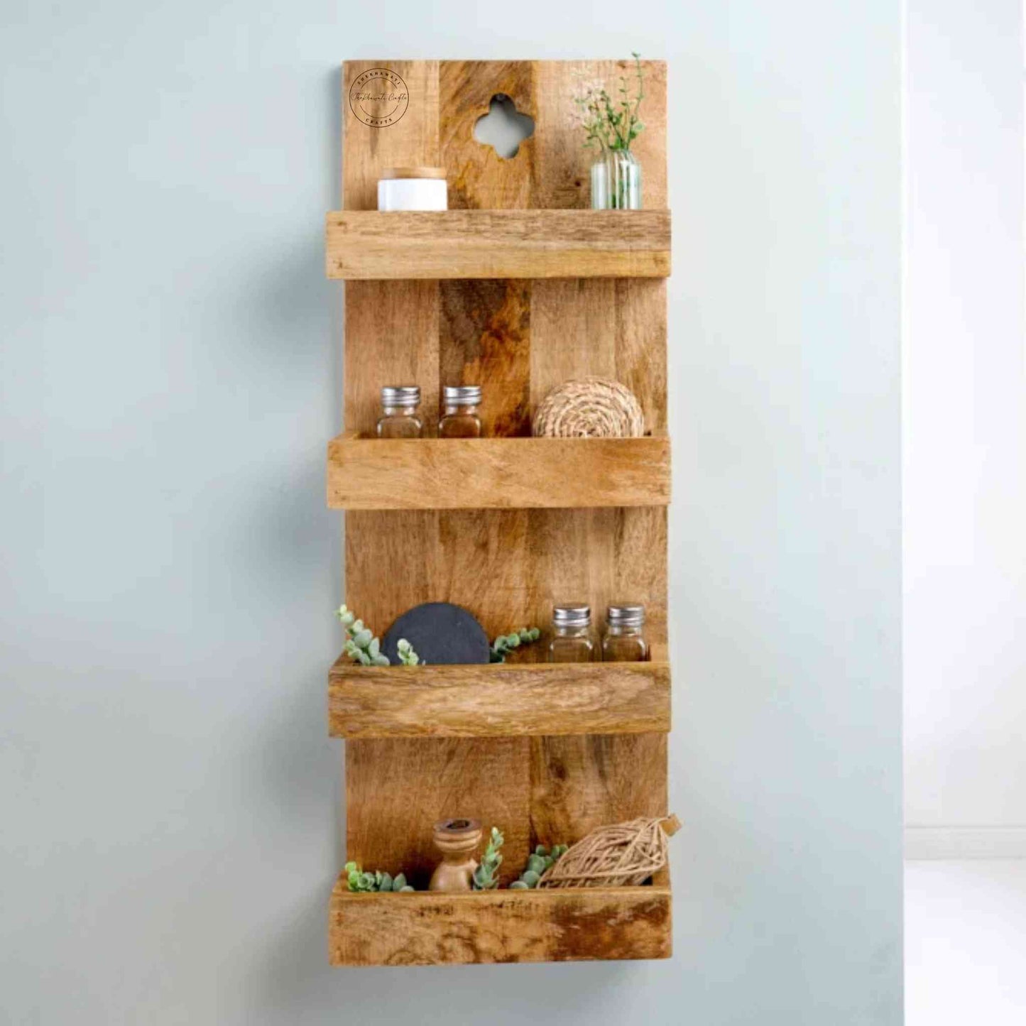 Levon Solid Wood Wall Hanging Shelf handcrafted from mango wood with four tiers and a natural finish — perfect for displaying decor, books, and accessories.