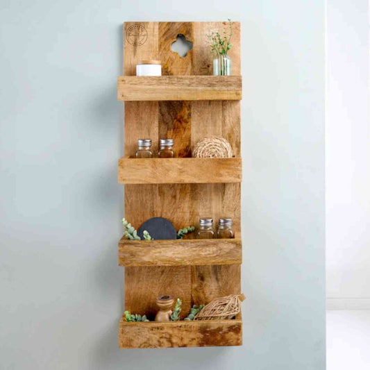 Levon Solid Wood Wall Hanging Shelf handcrafted from mango wood with four tiers and a natural finish — perfect for displaying decor, books, and accessories.