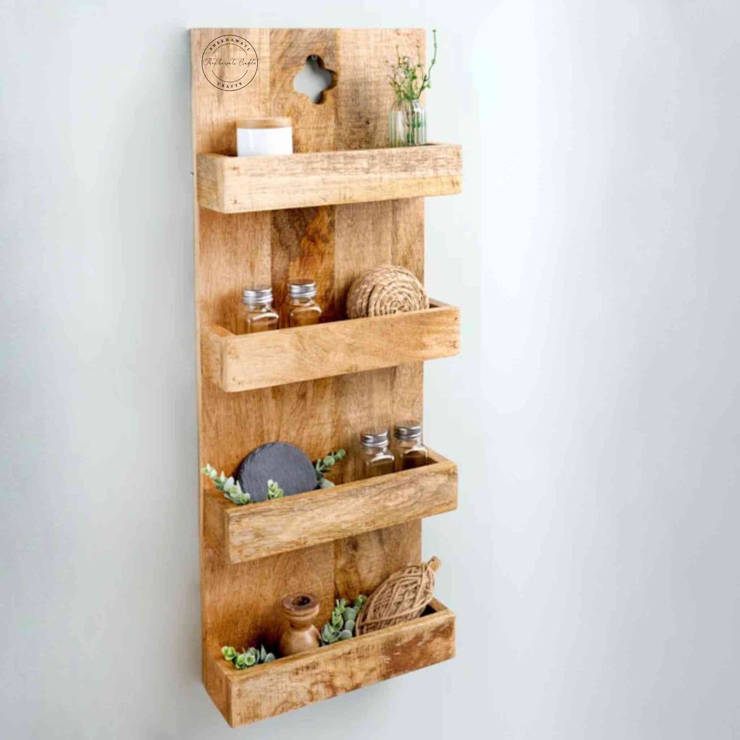 Levon Solid Wood Wall Hanging Shelf handcrafted from mango wood with four tiers and a natural finish — perfect for displaying decor, books, and accessories.