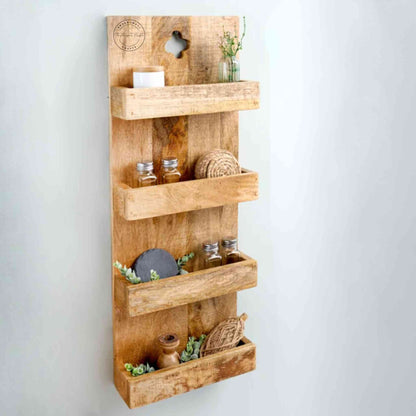 Levon Solid Wood Wall Hanging Shelf handcrafted from mango wood with four tiers and a natural finish — perfect for displaying decor, books, and accessories.
