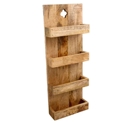 Levon Solid Wood Wall Hanging Shelf handcrafted from mango wood with four tiers and a natural finish — perfect for displaying decor, books, and accessories.