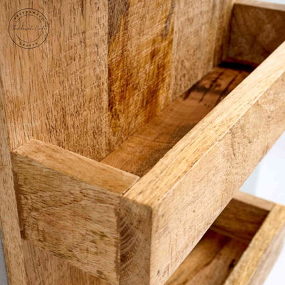 Levon Solid Wood Wall Hanging Shelf handcrafted from mango wood with four tiers and a natural finish — perfect for displaying decor, books, and accessories.