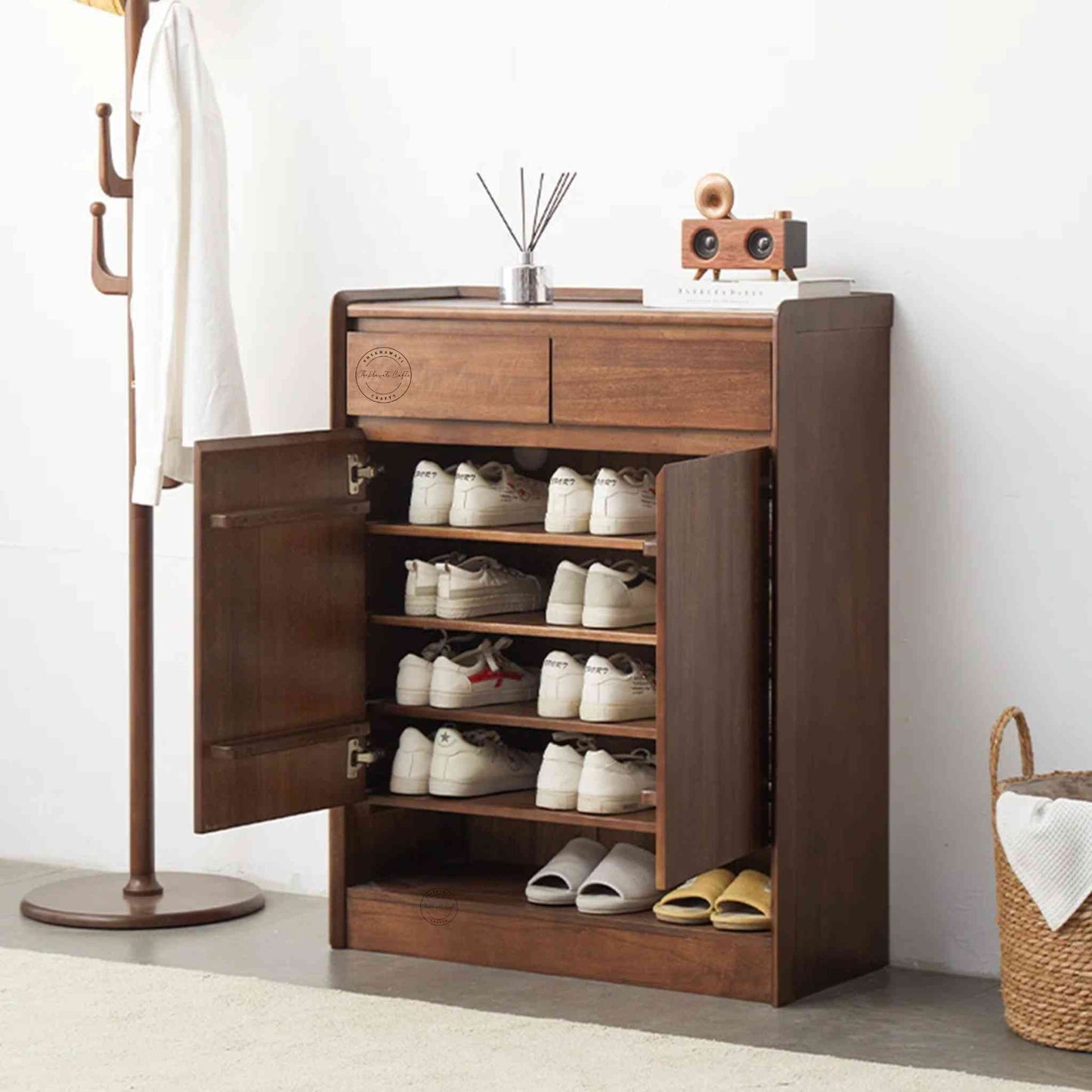 Lirra Shoe Rack, modern mango wood shoe cabinet with a honey finish, 2 drawers, 3 detachable shelves, and 2 doors.