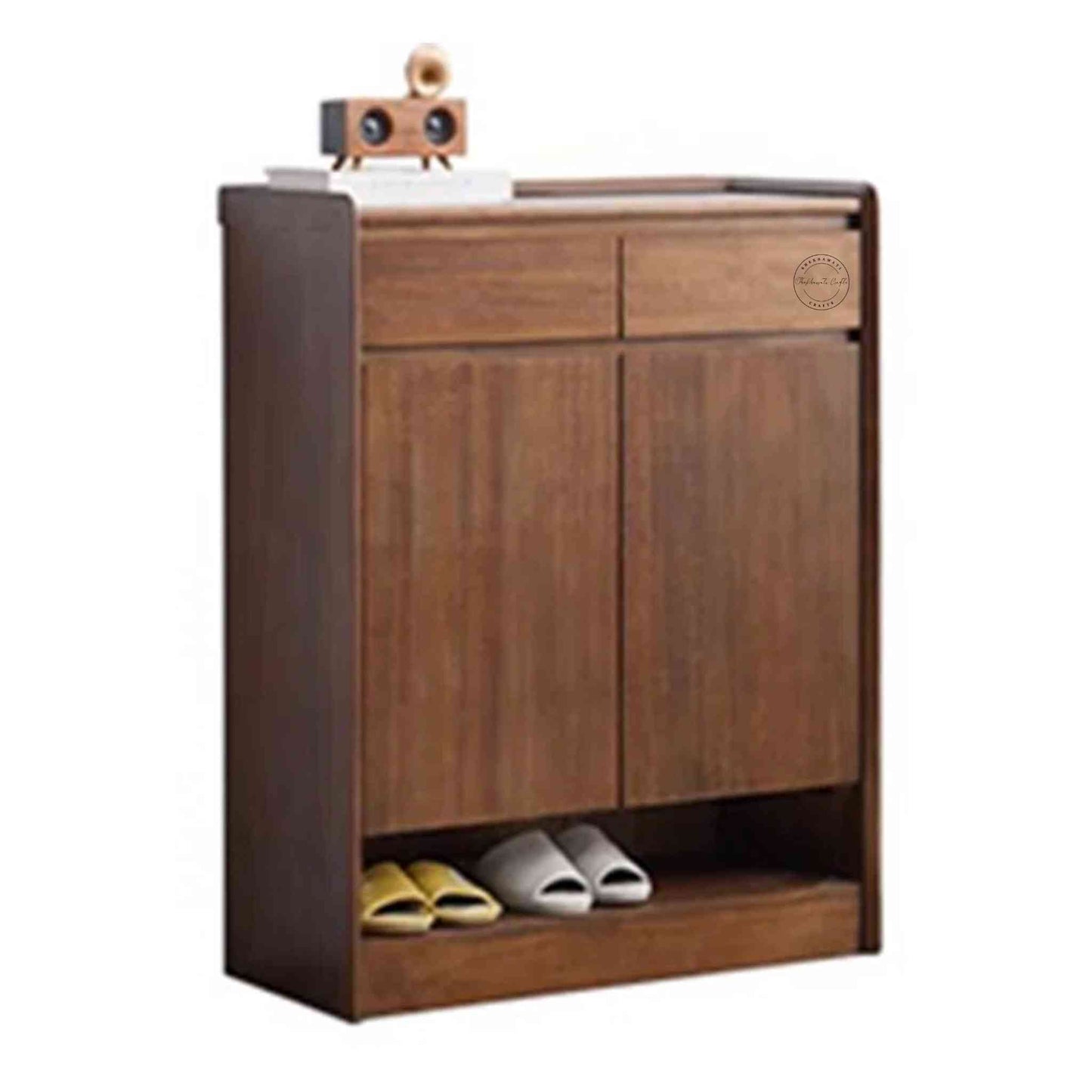 Lirra Shoe Rack, modern mango wood shoe rack cabinet with a honey finish, 2 drawers, 3 detachable shelves, and 2 doors.