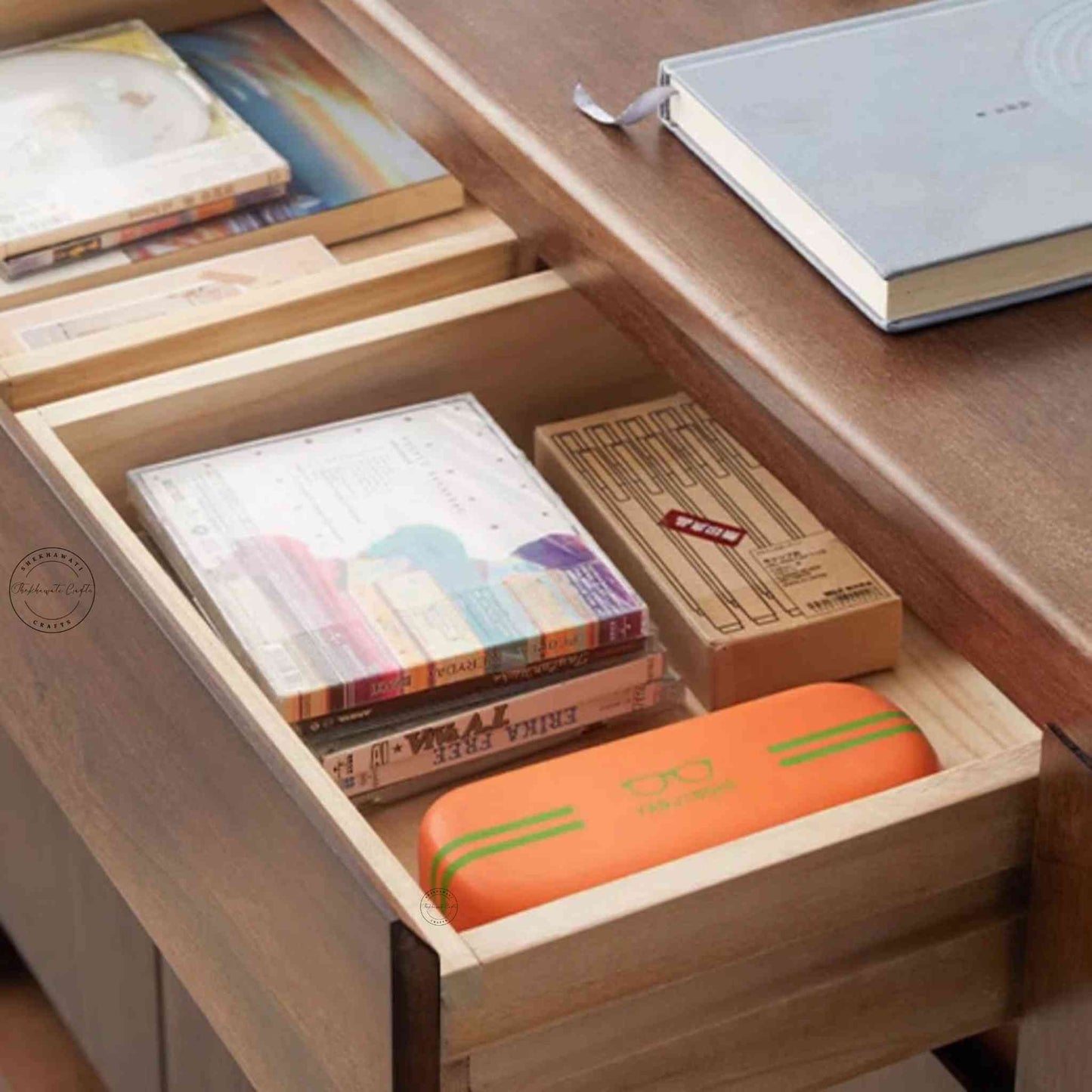 Lirra Shoe Rack, modern mango wood shoe rack cabinet with a honey finish, 2 drawers, 3 detachable shelves, and 2 doors.