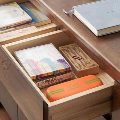 Lirra Shoe Rack, modern mango wood shoe rack cabinet with a honey finish, 2 drawers, 3 detachable shelves, and 2 doors.